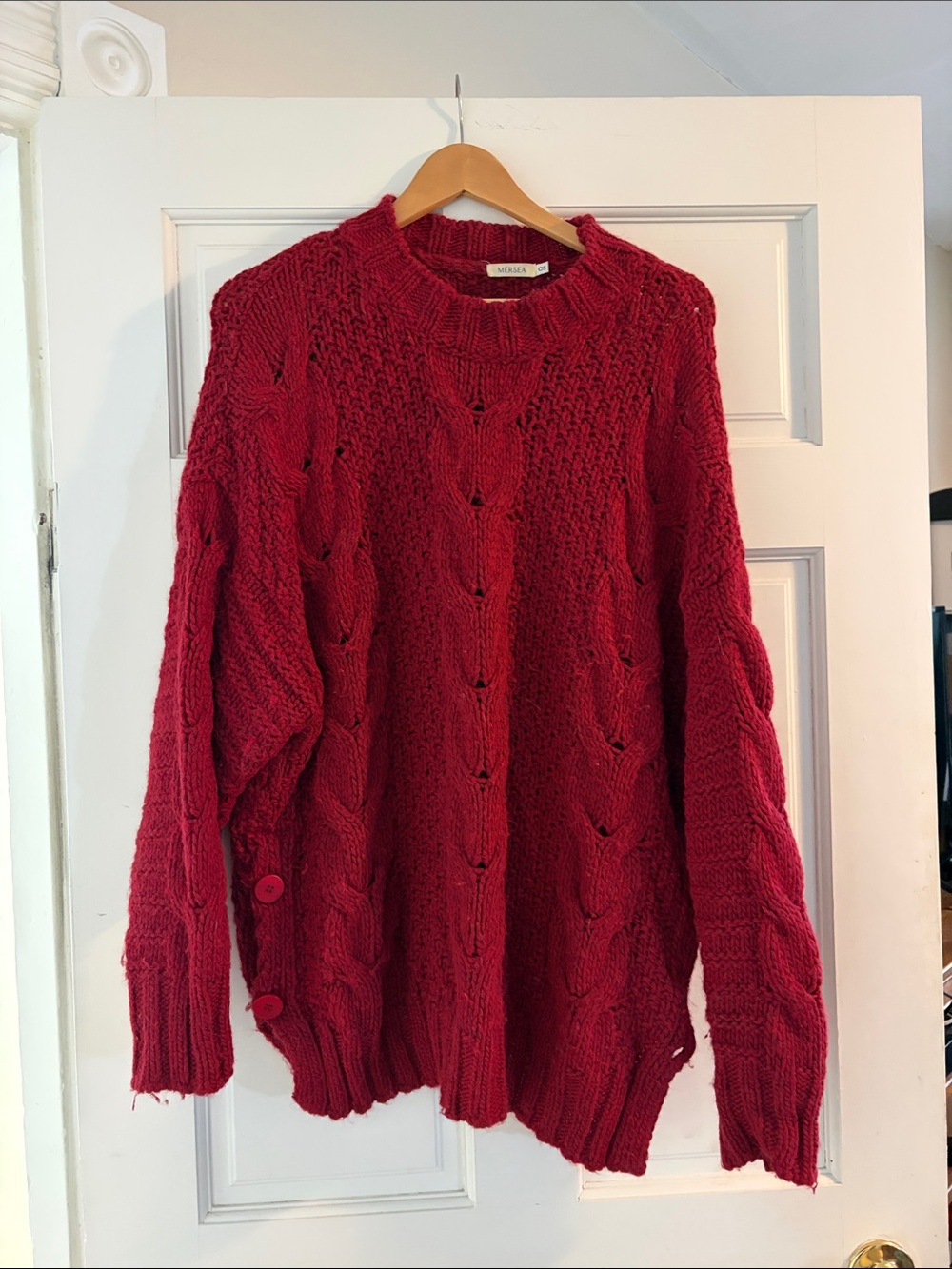 Mersea - Chunky Red Cable Crewneck Sweater with Side Button Detail